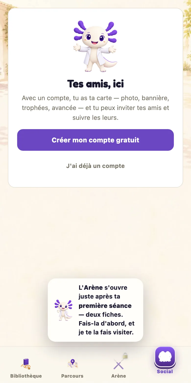 L'écran Social de l'app Medeos, et Axo qui explique que l'Arène s'ouvre après la première séance