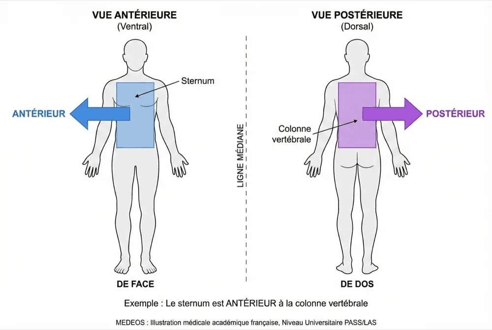 Se situer : antérieur et postérieur — schéma du cours Medeos, anatomie, chapitre 1