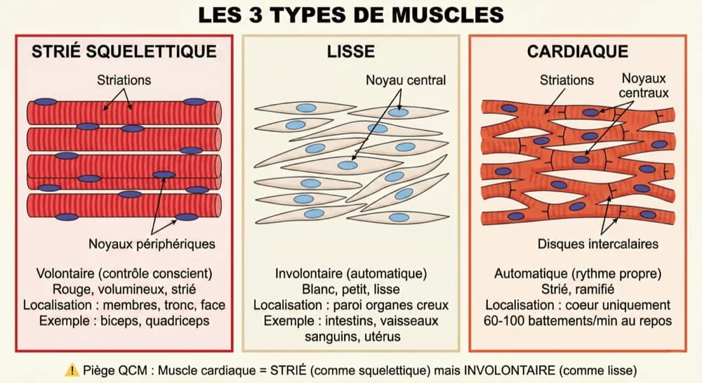 Les trois types de muscles — schéma du cours Medeos, anatomie, chapitre 2