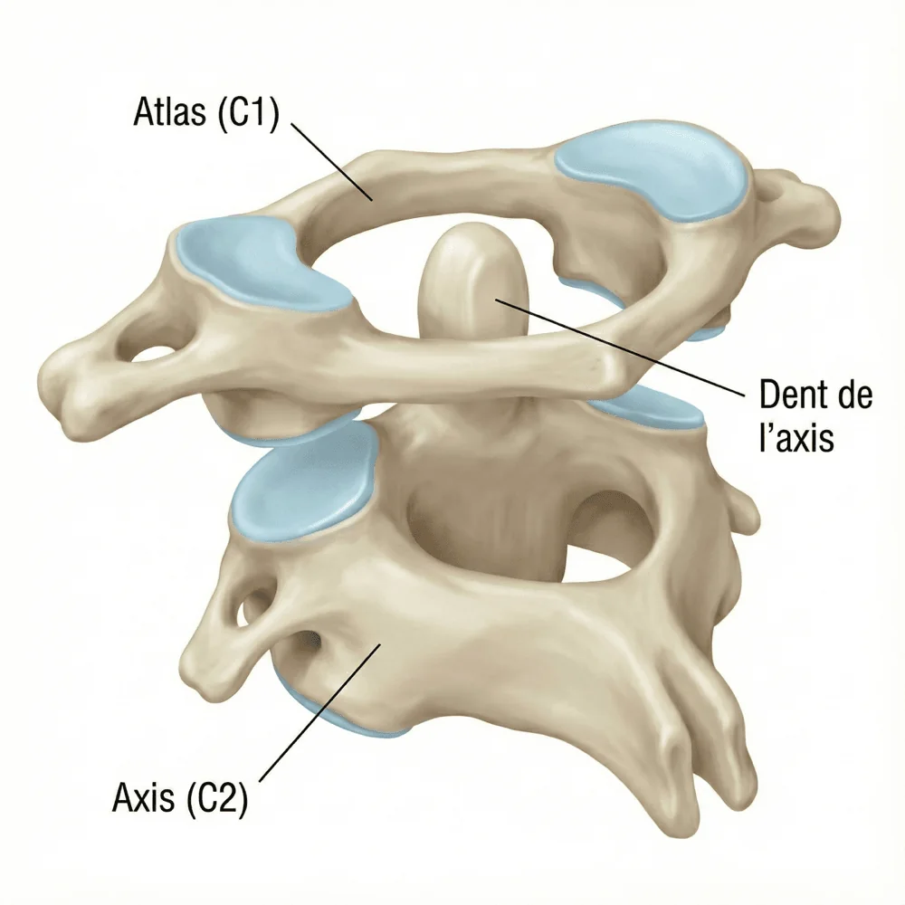 Atlas et axis, vue latérale — schéma du cours Medeos, anatomie, chapitre 3