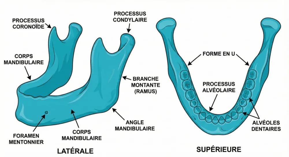 La mandibule — schéma du cours Medeos, anatomie, chapitre 4