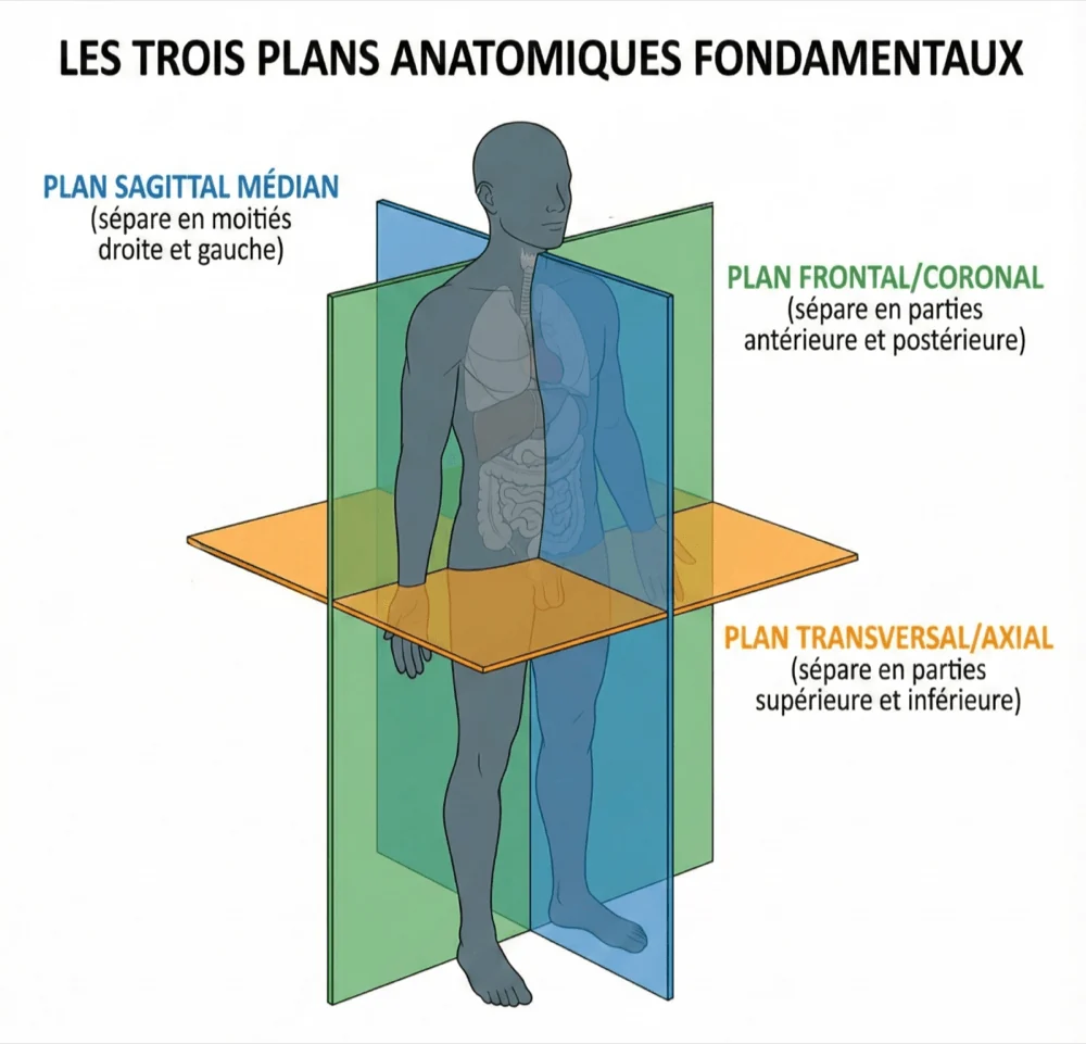 Les trois plans anatomiques, situés sur un corps — schéma du cours Medeos, anatomie, chapitre 1
