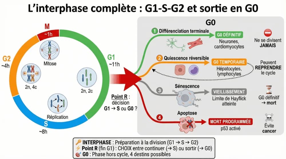 Interphase et phase G0, récapitulatif — schéma du cours Medeos, biologie cellulaire, chapitre 5