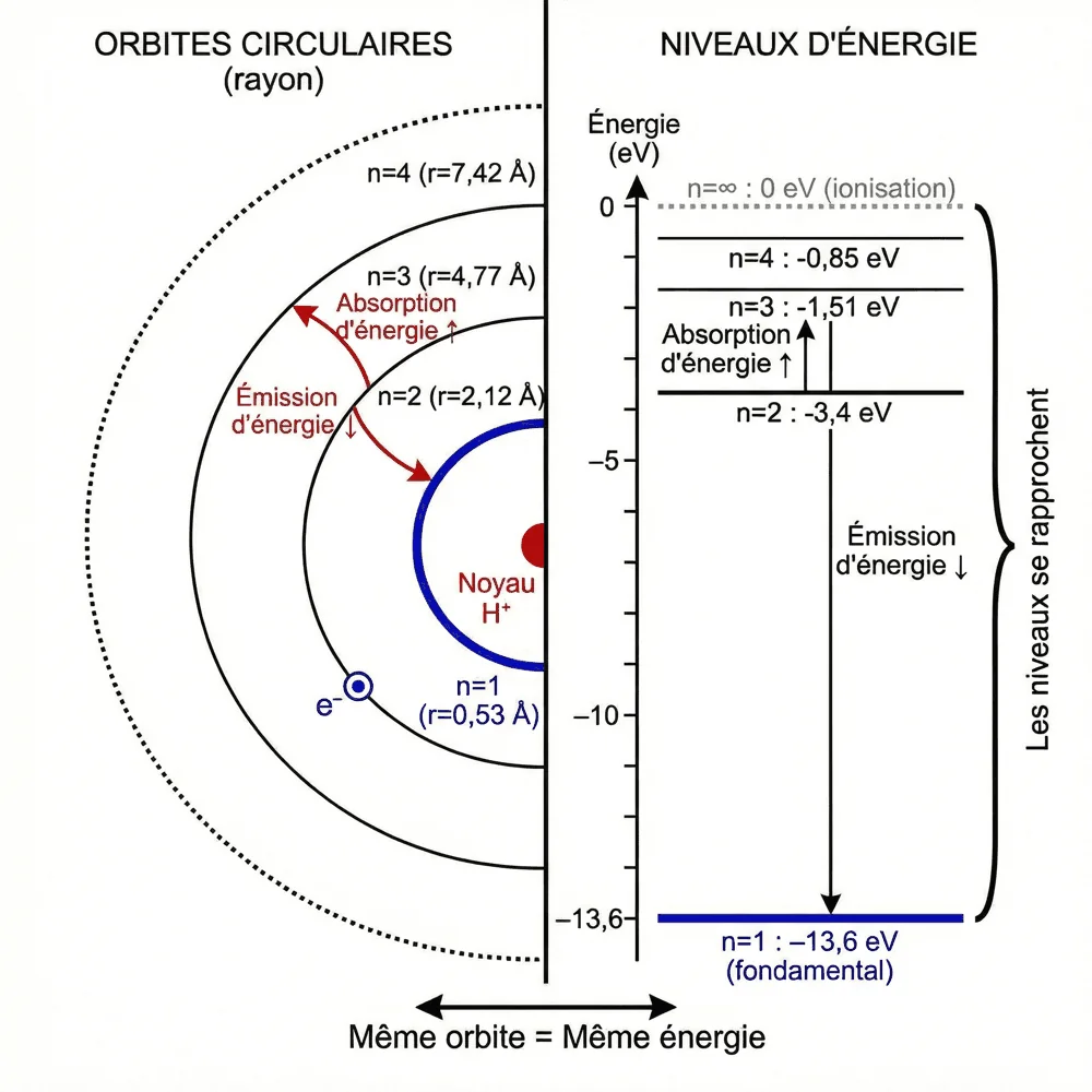 Le modèle de Bohr : orbites, niveaux d'énergie, absorption et émission — schéma du cours Medeos, chimie, chapitre 1