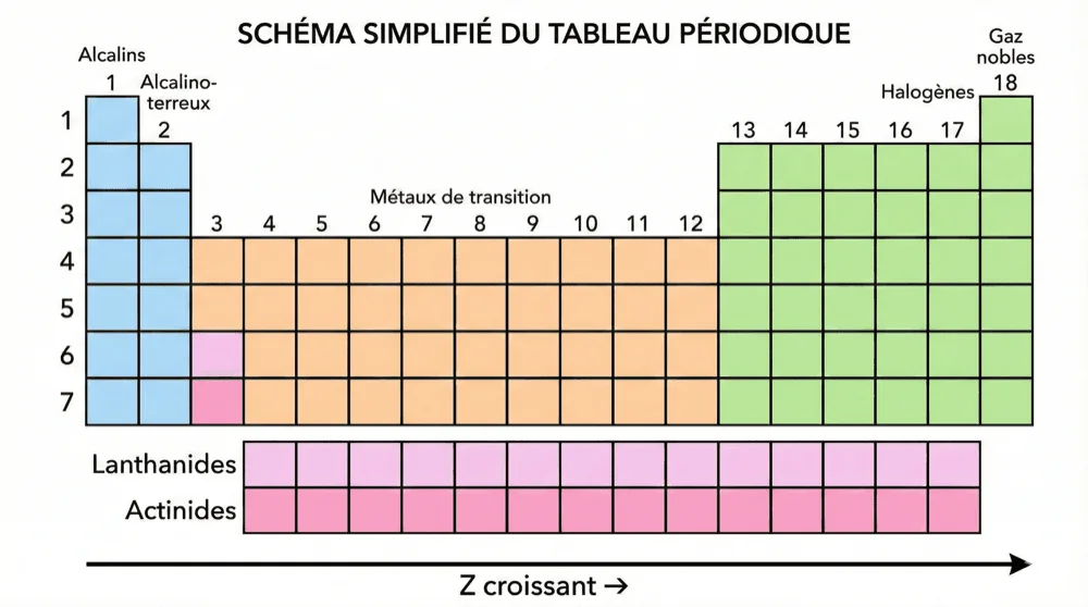 Le tableau périodique simplifié : familles, blocs et Z croissant — schéma du cours Medeos, chimie, chapitre 3