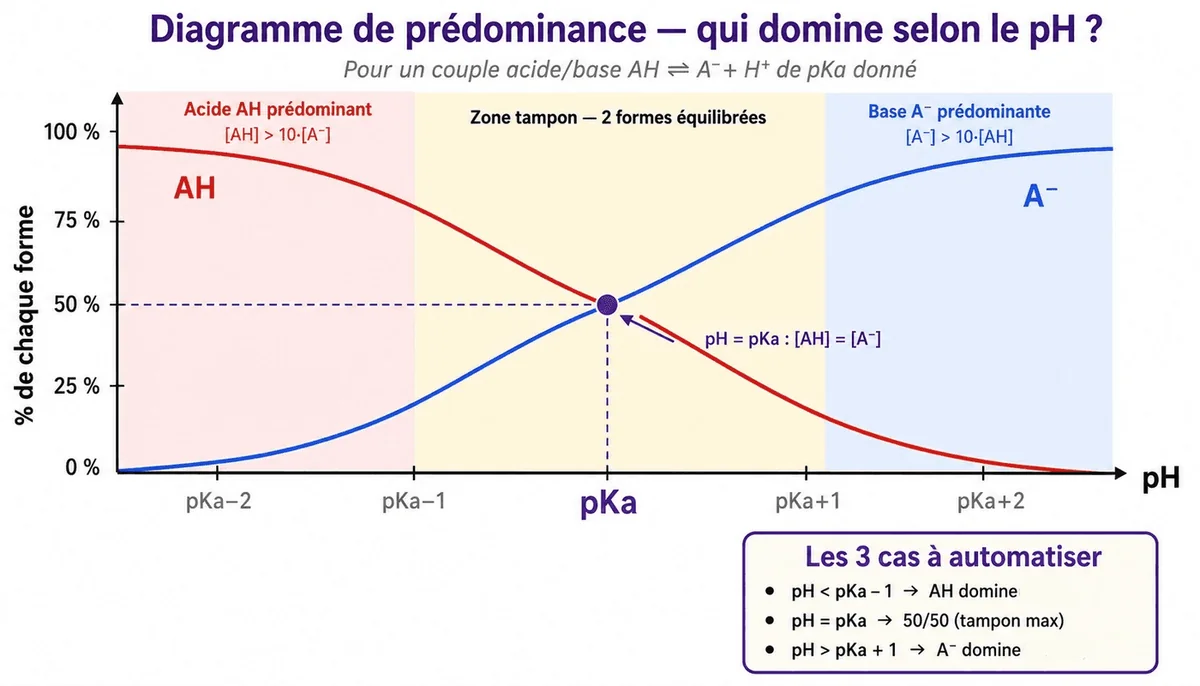 Le diagramme de prédominance d'un couple acide-base — schéma du cours Medeos, physique, chapitre 2
