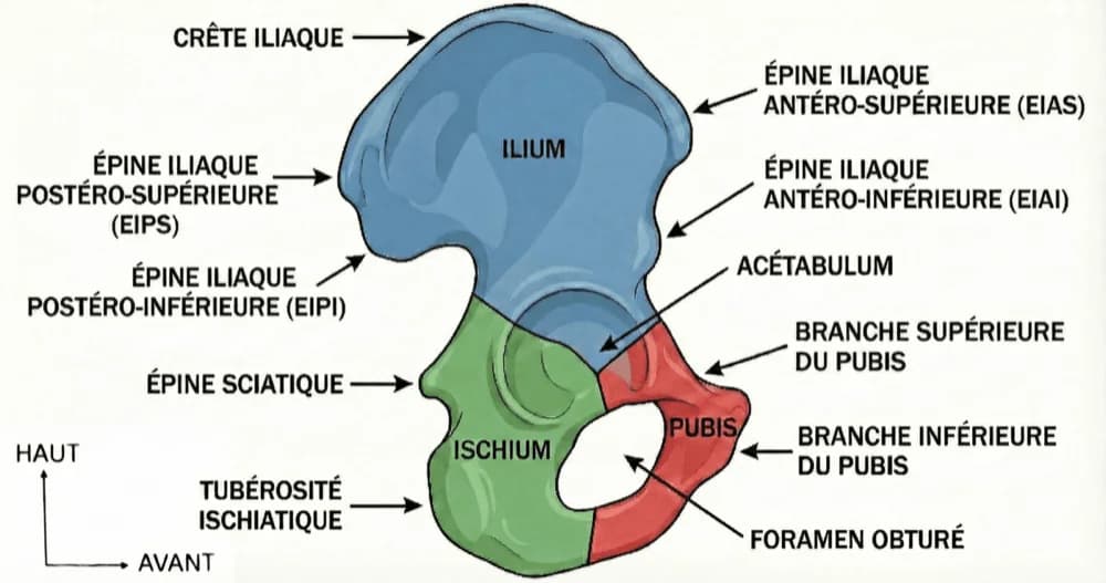 L'os coxal : trois os fusionnés — schéma du cours Medeos, anatomie, chapitre 5