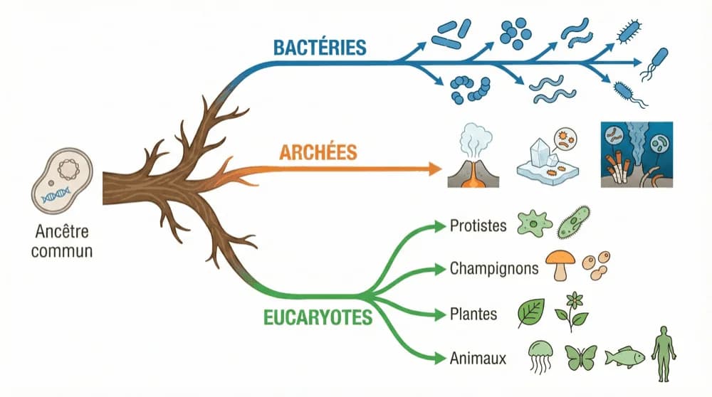L'arbre phylogénétique du vivant — schéma du cours Medeos, biologie cellulaire, chapitre 1