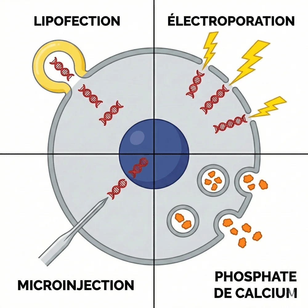 Les méthodes de transfection — schéma du cours Medeos, biologie cellulaire, chapitre 4