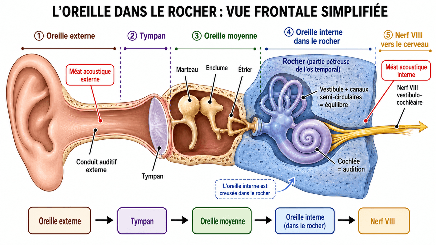 L'oreille dans le crâne : oreille externe, moyenne et interne, du pavillon à la cochlée