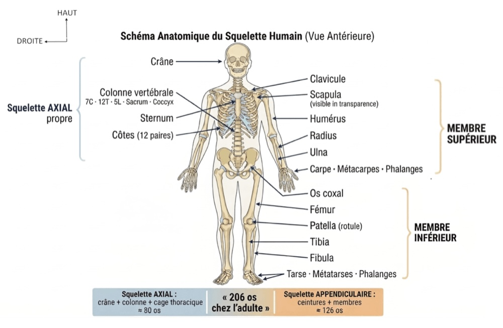 Squelette axial : colonne vertébrale, côtes, sternum