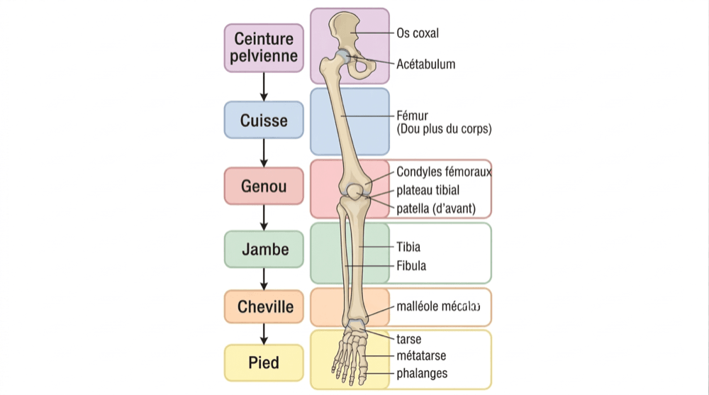 Os du membre inférieur : os coxal, fémur, tibia, fibula