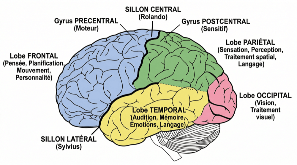 Les 4 lobes du cortex : frontal, pariétal, temporal, occipital