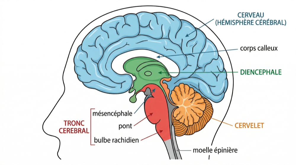 Les 4 grandes parties de l'encéphale : cerveau, diencéphale, cervelet, tronc cérébral