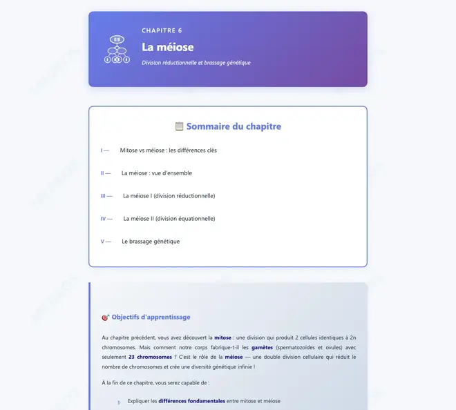 Première page du cours Biologie — La méiose