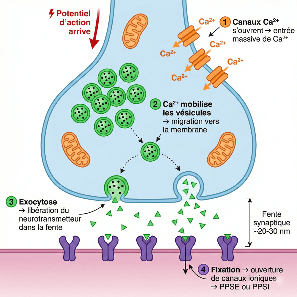 La synapse chimique : bouton présynaptique, fente synaptique, neurotransmetteurs, récepteurs