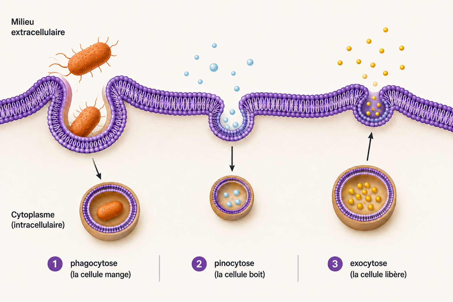 Endocytose (phagocytose, pinocytose) et exocytose : transport par vésicules à travers la membrane