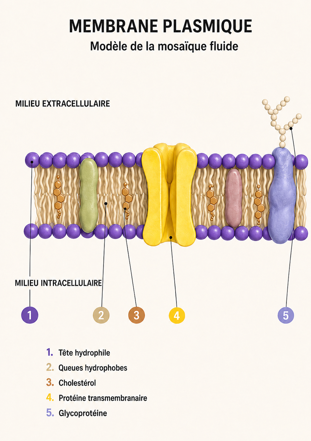 La membrane plasmique : bicouche de phospholipides, cholestérol, protéines, sucres