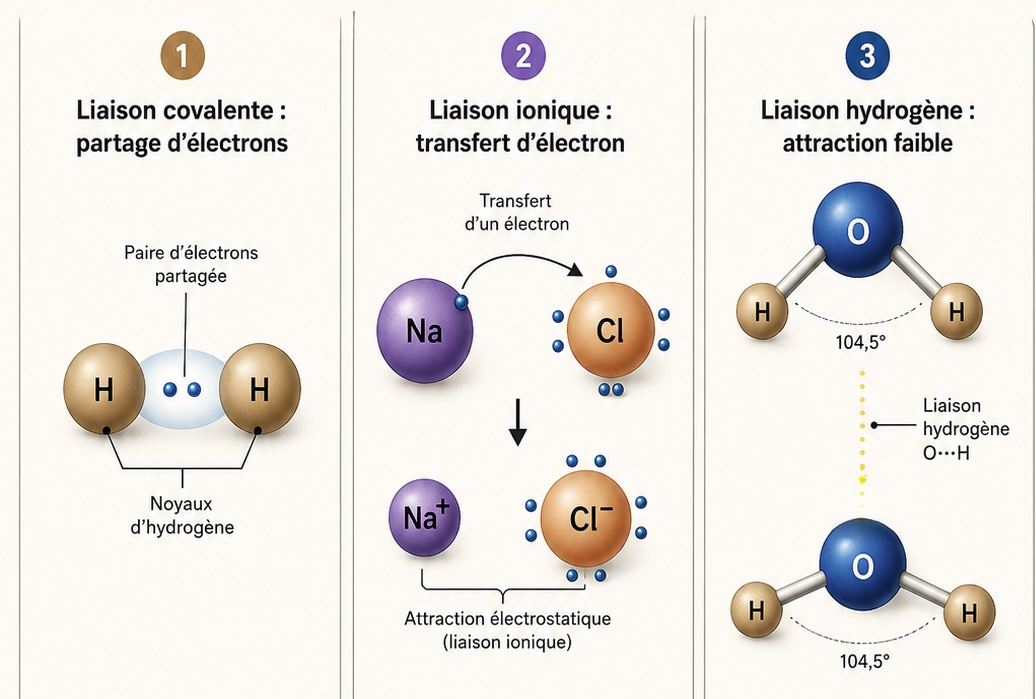 Les 3 liaisons : covalente (H–H), ionique (Na+ Cl−), hydrogène (H2O…H2O)